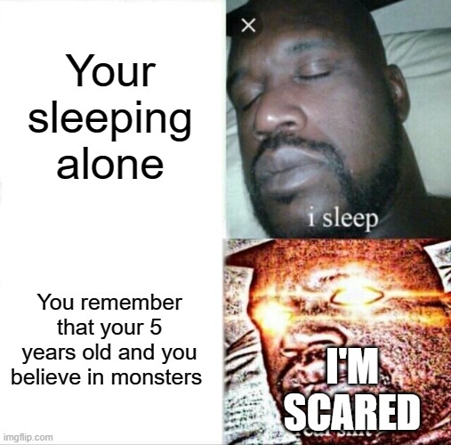 Sleeping Shaq | Your sleeping alone; You remember that your 5 years old and you believe in monsters; I'M SCARED | image tagged in memes,sleeping shaq | made w/ Imgflip meme maker