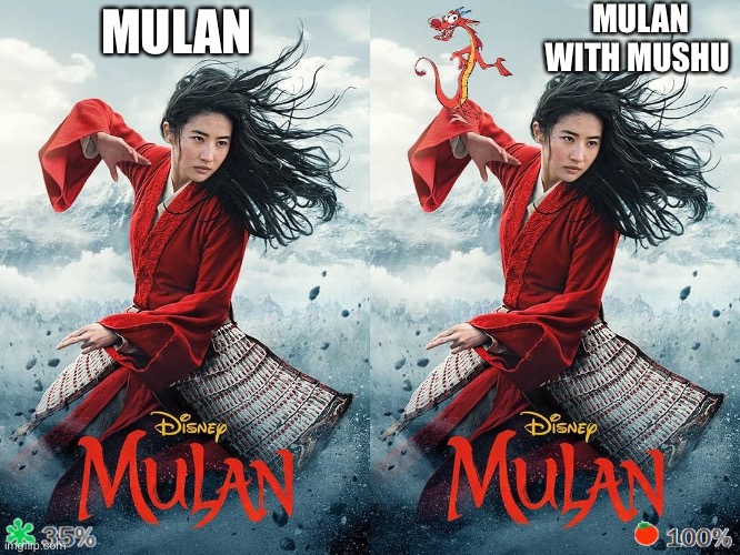 Mulan ratings | MULAN WITH MUSHU; MULAN | image tagged in mulan,movie | made w/ Imgflip meme maker