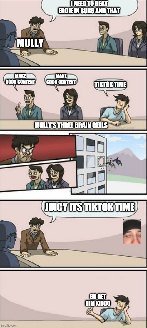 Boardroom Meeting Sugg 2 | I NEED TO BEAT EDDIE IN SUBS AND THAT; MULLY; MAKE GOOD CONTENT; MAKE GOOD CONTENT; TIKTOK TIME; MULLY'S THREE BRAIN CELLS; JUICY ITS TIKTOK TIME; GO GET HIM KIDDO | image tagged in boardroom meeting sugg 2 | made w/ Imgflip meme maker