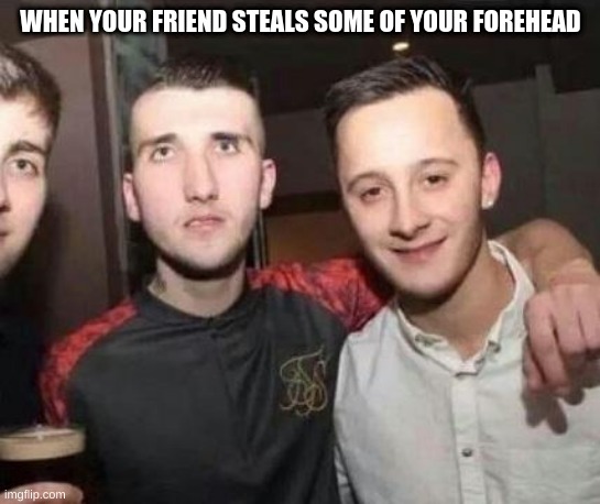>:) | WHEN YOUR FRIEND STEALS SOME OF YOUR FOREHEAD | image tagged in funny,meme | made w/ Imgflip meme maker