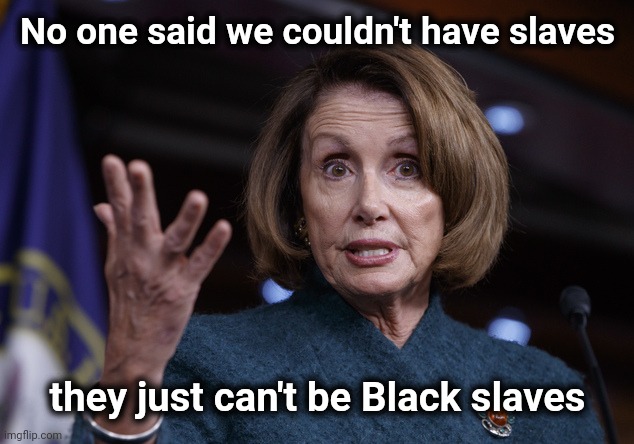 "Throughout the History of man there have always been disposable people" - Gene Roddenberry | No one said we couldn't have slaves they just can't be Black slaves | image tagged in good old nancy pelosi,illegal immigration,open borders,alright gentlemen we need a new idea,carwash,gardening | made w/ Imgflip meme maker