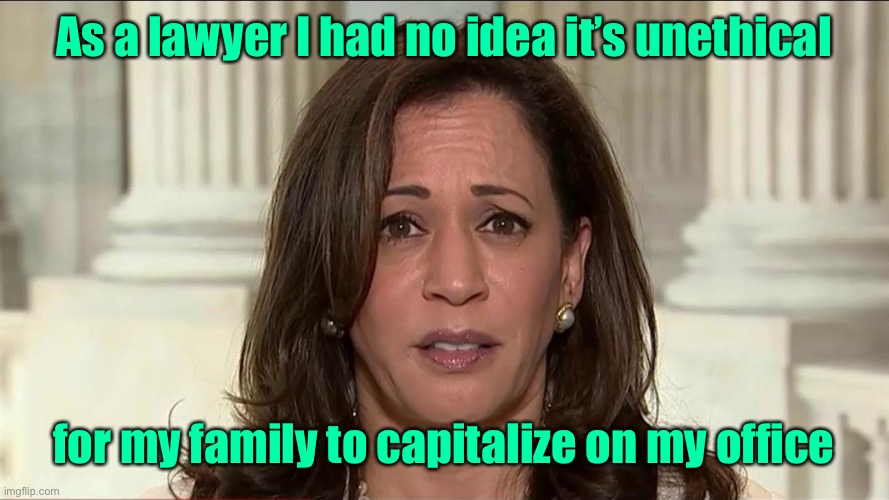 Ethics?  I thought cashing in was the whole point of this gig | As a lawyer I had no idea it’s unethical; for my family to capitalize on my office | image tagged in kamala harris,unethical family,commercializing office,lawyer,white house ethics reprimand | made w/ Imgflip meme maker