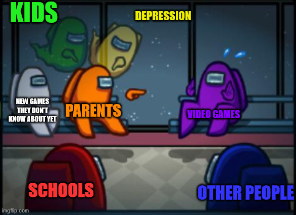 games are not to blame | KIDS; DEPRESSION; NEW GAMES THEY DON'T KNOW ABOUT YET; PARENTS; VIDEO GAMES; SCHOOLS; OTHER PEOPLE | image tagged in among us blame | made w/ Imgflip meme maker