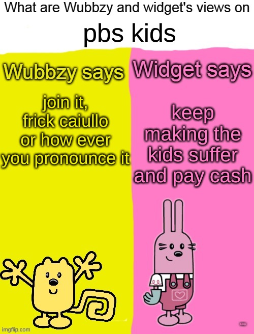 pbs kids; keep making the kids suffer and pay cash; join it, frick caiullo or how ever you pronounce it; keep | image tagged in wubbzy and widget views | made w/ Imgflip meme maker