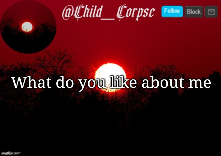 Child_Corpse announcement template | What do you like about me | image tagged in child_corpse announcement template | made w/ Imgflip meme maker