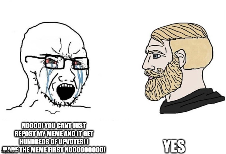 soyboy vs yes chad | YES; NOOOO! YOU CANT JUST REPOST MY MEME AND IT GET HUNDREDS OF UPVOTES! I MADE THE MEME FIRST NOOOOOOOOO! | image tagged in soyboy vs yes chad | made w/ Imgflip meme maker