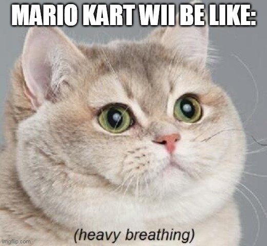 Mario Kart 8 deluxe is getting there | MARIO KART WII BE LIKE: | image tagged in memes,heavy breathing cat,mario kart | made w/ Imgflip meme maker