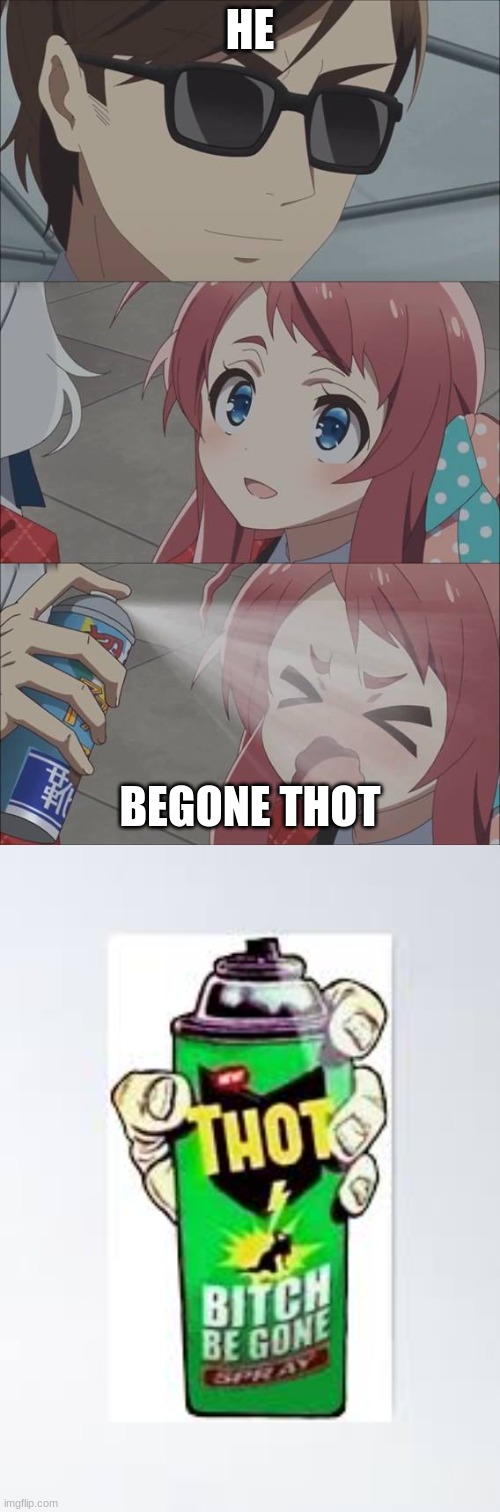 HE; BEGONE THOT | image tagged in anime spray | made w/ Imgflip meme maker