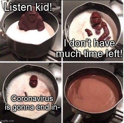 Seriously when IS it gonna end? | Listen kid! I don't have much time left! Coronavirus is gonna end in- | image tagged in listen kid i dont have much time left | made w/ Imgflip meme maker