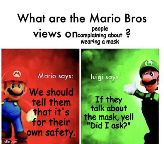 Listen to them. If not, have fun getting sick. | people complaining about wearing a mask; We should tell them that it's for their own safety. If they talk about the mask, yell "Did I ask?" | image tagged in mario bros views,face mask,covid-19 | made w/ Imgflip meme maker