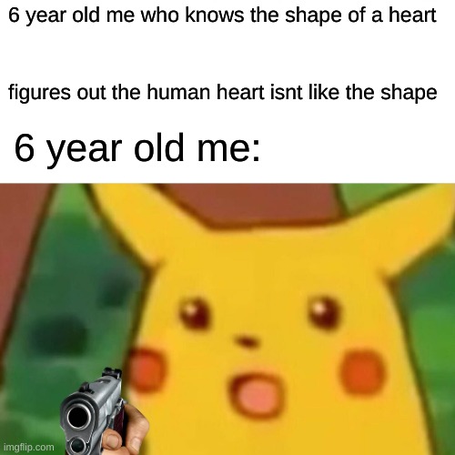 Surprised Pikachu | 6 year old me who knows the shape of a heart; figures out the human heart isnt like the shape; 6 year old me: | image tagged in memes,surprised pikachu | made w/ Imgflip meme maker