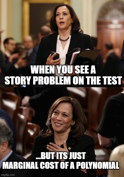 Kamala Harris and story problems | WHEN YOU SEE A STORY PROBLEM ON THE TEST; ...BUT ITS JUST MARGINAL COST OF A POLYNOMIAL | image tagged in kamalaharris,math,marginalcost | made w/ Imgflip meme maker