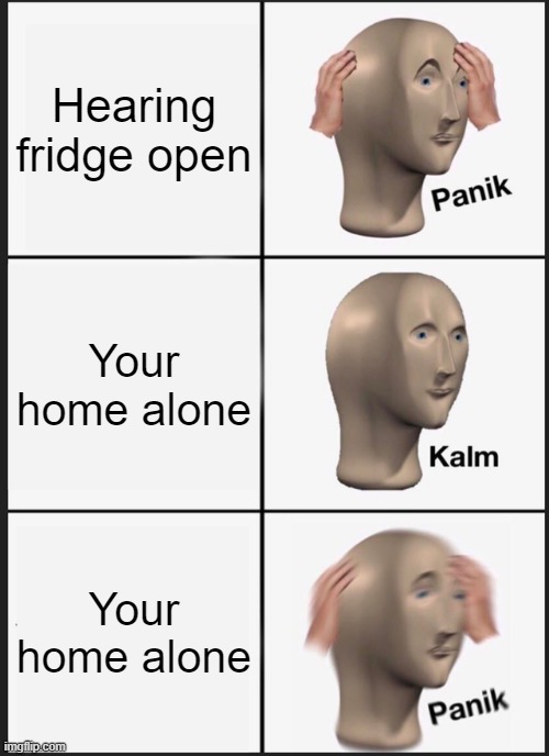 Panik Kalm Panik | Hearing fridge open; Your home alone; Your home alone | image tagged in memes,panik kalm panik | made w/ Imgflip meme maker