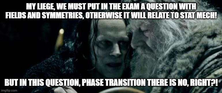 wormtongue | MY LIEGE, WE MUST PUT IN THE EXAM A QUESTION WITH FIELDS AND SYMMETRIES, OTHERWISE IT WILL RELATE TO STAT MECH! BUT IN THIS QUESTION, PHASE TRANSITION THERE IS NO, RIGHT?! | image tagged in wormtongue | made w/ Imgflip meme maker