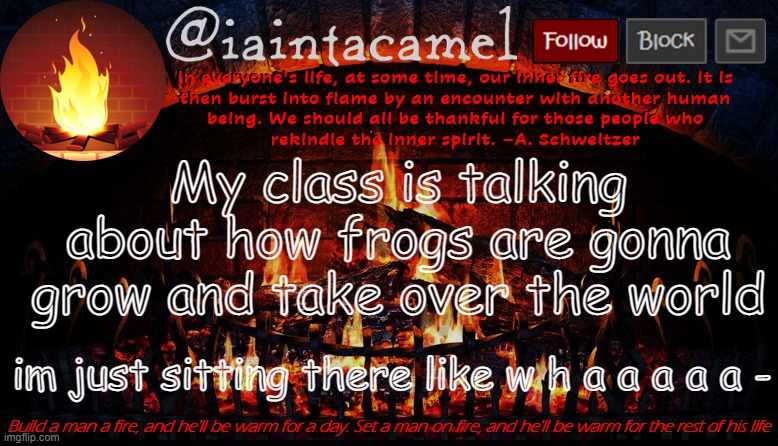 iaintacamel | My class is talking about how frogs are gonna grow and take over the world; im just sitting there like w h a a a a a - | image tagged in iaintacamel | made w/ Imgflip meme maker