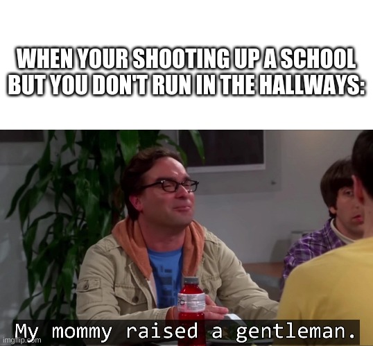 WHEN YOUR SHOOTING UP A SCHOOL BUT YOU DON'T RUN IN THE HALLWAYS: | image tagged in my mommy raised a gentleman | made w/ Imgflip meme maker