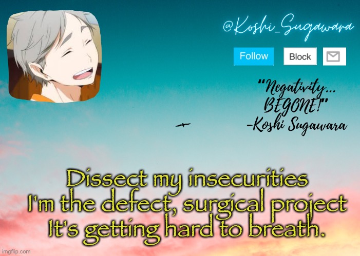 :) | Dissect my insecurities
I'm the defect, surgical project
It's getting hard to breath. | image tagged in koshi temp | made w/ Imgflip meme maker