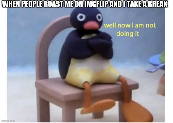 IM BACK IDIOTS | WHEN PEOPLE ROAST ME ON IMGFLIP AND I TAKE A BREAK | image tagged in well now i am not doing it | made w/ Imgflip meme maker