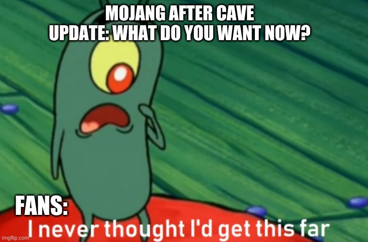 RAIL UPDATE |  MOJANG AFTER CAVE UPDATE: WHAT DO YOU WANT NOW? FANS: | image tagged in i never thought i'd get this far | made w/ Imgflip meme maker