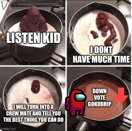 listen kid i dont have much time left | LISTEN KID; I DONT HAVE MUCH TIME; DOWN VOTE GOKUDRIP; I WILL TURN INTO A CREW MATE AND TELL YOU THE BEST THING YOU CAN DO | image tagged in listen kid i dont have much time left | made w/ Imgflip meme maker