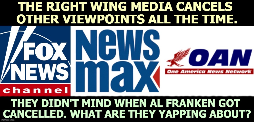 If you're enjoying Cuomo's troubles, you're part of cancel culture. More right wing hypocrisy. | THE RIGHT WING MEDIA CANCELS 
OTHER VIEWPOINTS ALL THE TIME. THEY DIDN'T MIND WHEN AL FRANKEN GOT 
CANCELLED. WHAT ARE THEY YAPPING ABOUT? | image tagged in fox newsmax oan right wing cable tv news,cancel culture,right wing,empty,hypocrisy | made w/ Imgflip meme maker