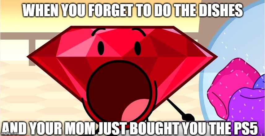WHYYYYYYYYYYYYYYYYYYYYYYYYYYYYYYYYYYYYYY | WHEN YOU FORGET TO DO THE DISHES; AND YOUR MOM JUST BOUGHT YOU THE PS5 | image tagged in bfdi ruby | made w/ Imgflip meme maker