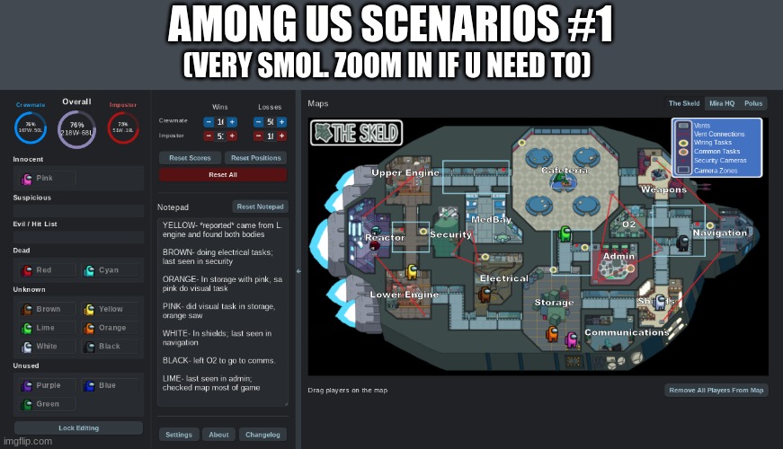 ZOOM IN IF YOU NEED TO......WHO SUS AND WHO KILL | AMONG US SCENARIOS #1; (VERY SMOL. ZOOM IN IF U NEED TO) | image tagged in among us,scenario,1 | made w/ Imgflip meme maker