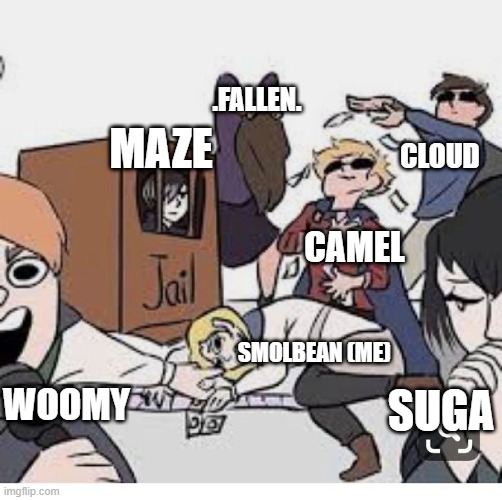 suprisingly, this is accurate- | .FALLEN. MAZE; CLOUD; CAMEL; SMOLBEAN (ME); SUGA; WOOMY | image tagged in kotlc tam is somehow in jail- | made w/ Imgflip meme maker
