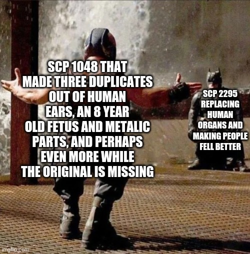 Another SCP meme, but with teddy bears | SCP 2295 REPLACING HUMAN ORGANS AND MAKING PEOPLE FELL BETTER; SCP 1048 THAT MADE THREE DUPLICATES OUT OF HUMAN EARS, AN 8 YEAR OLD FETUS AND METALIC PARTS, AND PERHAPS EVEN MORE WHILE THE ORIGINAL IS MISSING | image tagged in tiny batman,scp meme,scp | made w/ Imgflip meme maker