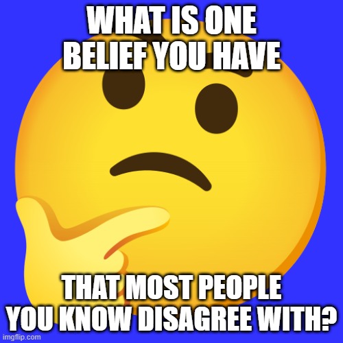 One thing you think that nobody else does. |  WHAT IS ONE BELIEF YOU HAVE; THAT MOST PEOPLE YOU KNOW DISAGREE WITH? | image tagged in thinking,question,memes,the_think_tank,belief,deep thoughts | made w/ Imgflip meme maker
