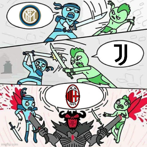 Serie A Scudetto Battle 2021 | image tagged in sword fight,inter,juventus,ac milan,serie a,calcio | made w/ Imgflip meme maker