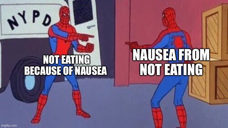 Getting old, stomach- | NOT EATING BECAUSE OF NAUSEA; NAUSEA FROM NOT EATING | image tagged in spiderman pointing at spiderman | made w/ Imgflip meme maker