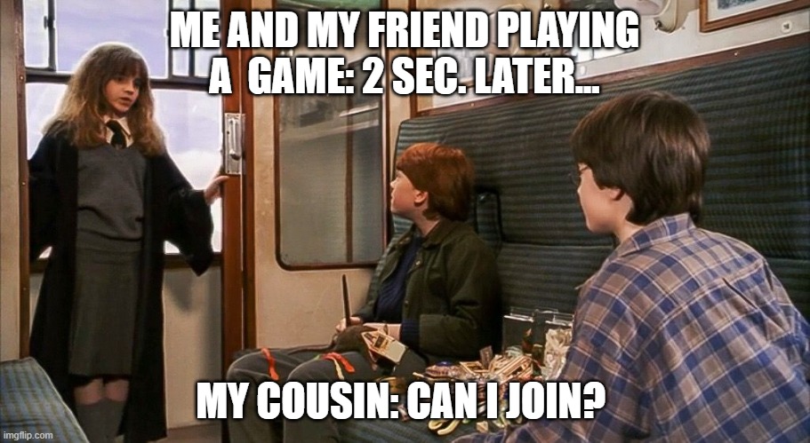 ME AND MY FRIEND PLAYING A  GAME: 2 SEC. LATER... MY COUSIN: CAN I JOIN? | image tagged in funny | made w/ Imgflip meme maker