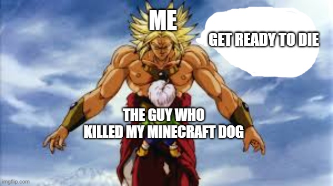 Broly Stares At Kid Trunks | ME THE GUY WHO KILLED MY MINECRAFT DOG GET READY TO DIE | image tagged in broly stares at kid trunks | made w/ Imgflip meme maker