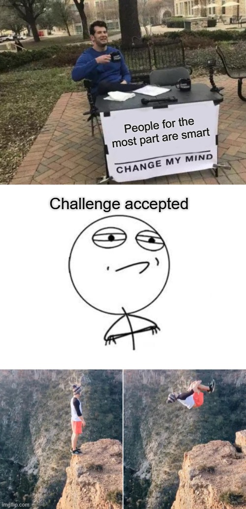 people are smart | People for the most part are smart; Challenge accepted | image tagged in memes,change my mind,challenge accepted rage face,tik tok,smart | made w/ Imgflip meme maker