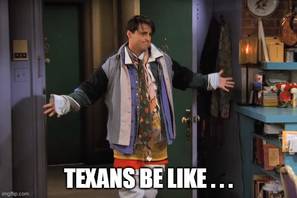 Texans be like | TEXANS BE LIKE . . . | image tagged in texas,winter,snow,cold,texan,joey | made w/ Imgflip meme maker