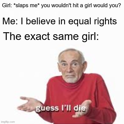 Oof moment | Girl: *slaps me* you wouldn't hit a girl would you? Me: I believe in equal rights; The exact same girl: | image tagged in oof | made w/ Imgflip meme maker