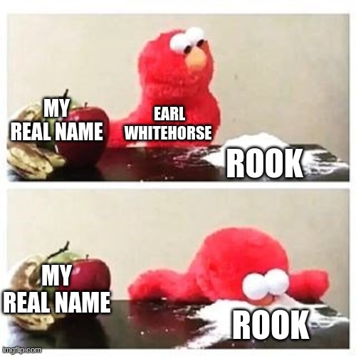 Far Cry 5 be like | MY REAL NAME; EARL WHITEHORSE; ROOK; MY REAL NAME; ROOK | image tagged in elmo cocaine,rook,sheriff | made w/ Imgflip meme maker