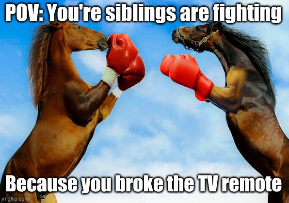 found this image off google, thought it'd be funny :p | POV: You're siblings are fighting; Because you broke the TV remote | image tagged in horses,sibling,pov,funny,relatable,jackalopianswhereuat | made w/ Imgflip meme maker