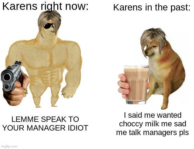 Buff Doge vs. Cheems Meme | Karens right now:; Karens in the past:; LEMME SPEAK TO YOUR MANAGER IDIOT; I said me wanted choccy milk me sad me talk managers pls | image tagged in memes,buff doge vs cheems | made w/ Imgflip meme maker