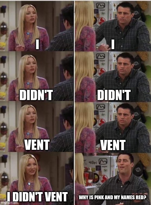 Phoebe Joey | I; I; DIDN'T; DIDN'T; VENT; VENT; I DIDN'T VENT; WHY IS PINK AND MY NAMES RED? | image tagged in phoebe joey | made w/ Imgflip meme maker