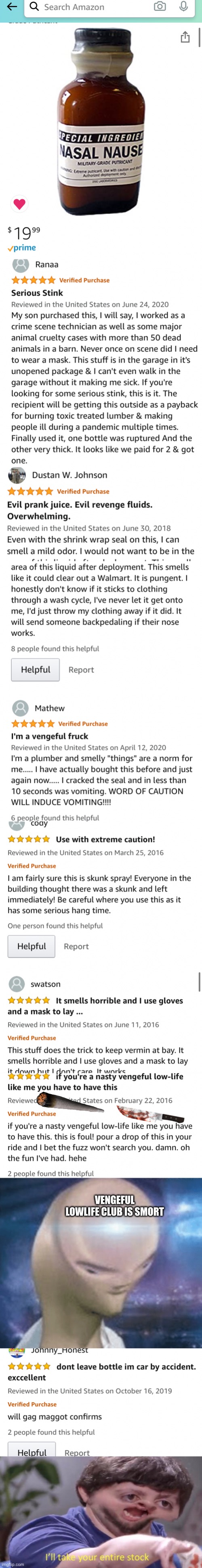 Do Amazon reviews count as comments? -Military grade stink bomb | VENGEFUL LOWLIFE CLUB IS SMORT | image tagged in smort,stink,military,amazon,review,beyondthecomments | made w/ Imgflip meme maker