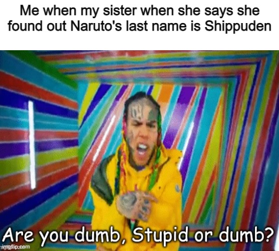 no cap this happened | Me when my sister when she says she found out Naruto's last name is Shippuden | image tagged in are you dumb stupid or dumb | made w/ Imgflip meme maker