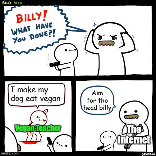 Don't upvote just downvote | I make my dog eat vegan; Aim for the head billy; Vegan Teacher; The Internet | image tagged in billy what have you done | made w/ Imgflip meme maker