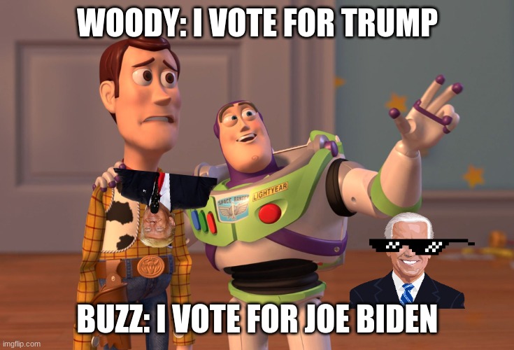 when you vote for trump or joe biden | WOODY: I VOTE FOR TRUMP; BUZZ: I VOTE FOR JOE BIDEN | image tagged in memes,x x everywhere | made w/ Imgflip meme maker