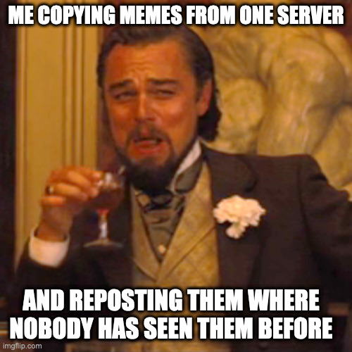 copycat | ME COPYING MEMES FROM ONE SERVER; AND REPOSTING THEM WHERE NOBODY HAS SEEN THEM BEFORE | image tagged in memes,laughing leo | made w/ Imgflip meme maker