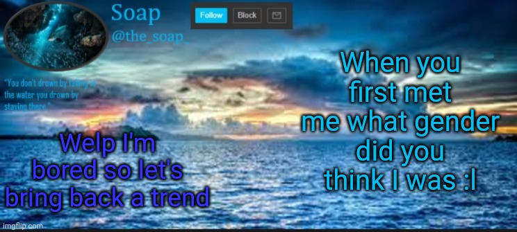 Bringing back trend pog | When you first met me what gender did you think I was :l; Welp I'm bored so let's bring back a trend | image tagged in soaps ocean template | made w/ Imgflip meme maker