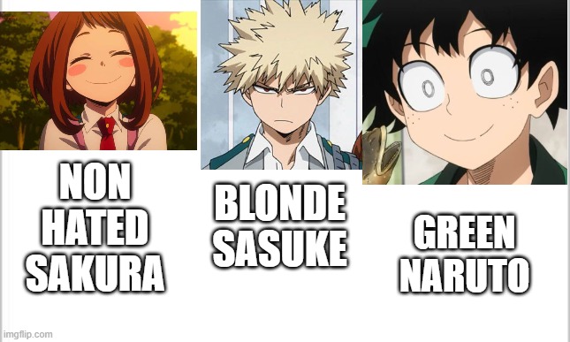 sorry if I reposted. I didn't know.-. | BLONDE SASUKE; NON HATED SAKURA; GREEN NARUTO | image tagged in my hero academia,naruto | made w/ Imgflip meme maker