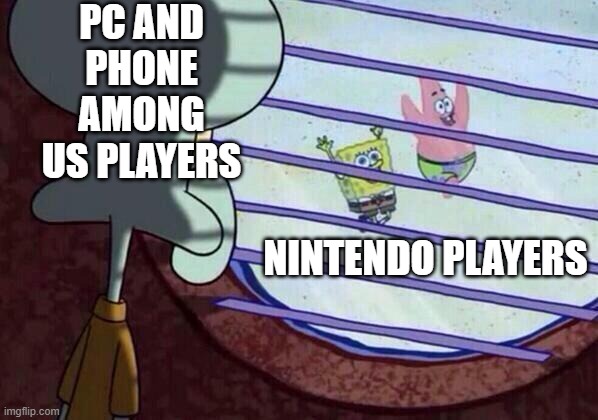 Among us | PC AND PHONE AMONG US PLAYERS; NINTENDO PLAYERS | image tagged in squidward window | made w/ Imgflip meme maker