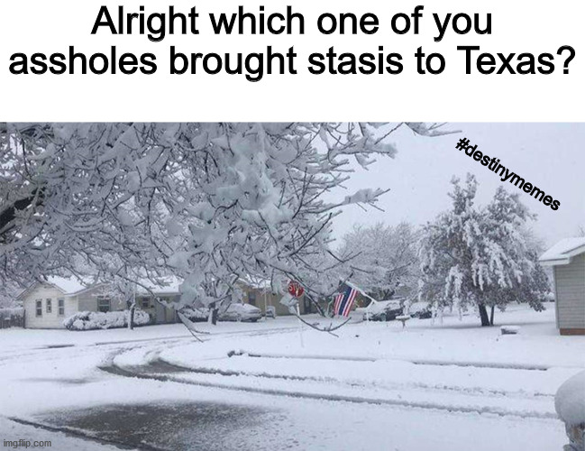 #destinymemes | Alright which one of you assholes brought stasis to Texas? #destinymemes | image tagged in blank white template | made w/ Imgflip meme maker